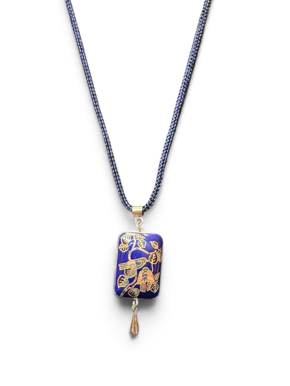 Vintage Chinese Export Double Sided Puffy Cloisonne Bird Necklace Blue Cord